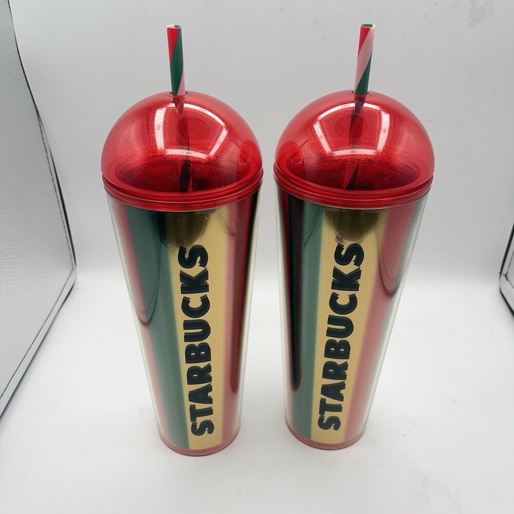 Starbucks 2024 Metallic Red, Green & Gold Stripe Cold Cup - Set Of 2 - Picture 1 of 16